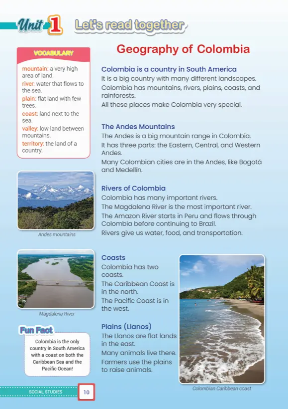 Reading page: Geography of Colombia with vocabulary box and fun fact