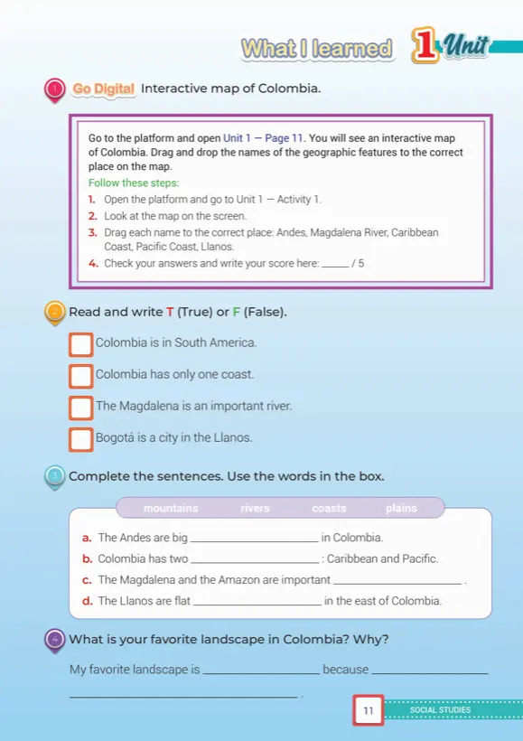 Practice page: Go Digital interactive map, true or false and complete the sentences