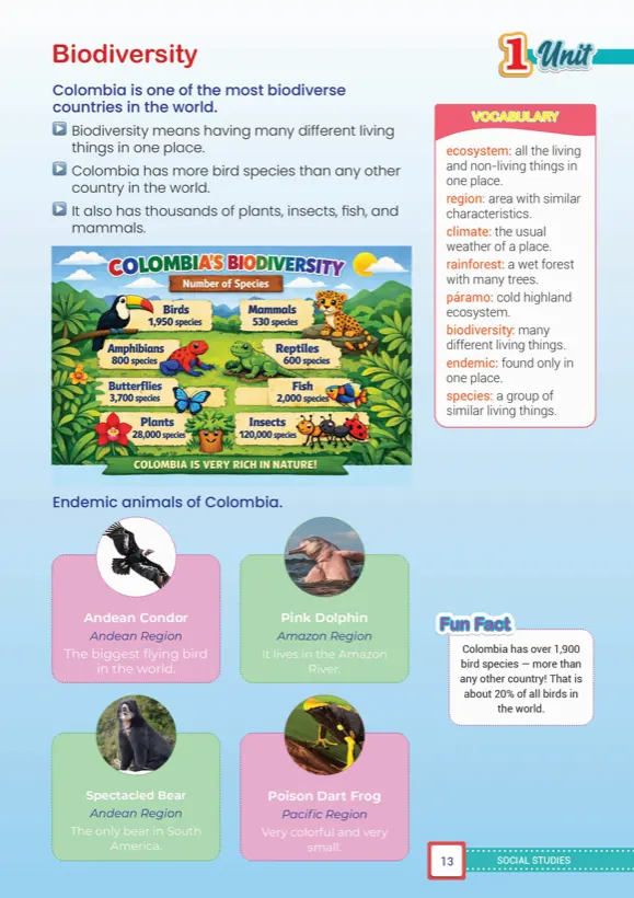 Reading page: Colombia's biodiversity and endemic animals