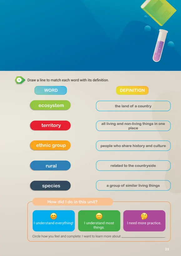 Review page: match words with definitions and self-assessment