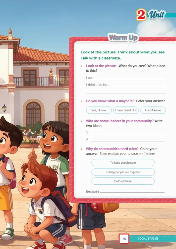 Warm Up page: questions about mayors, leaders and rules in the community